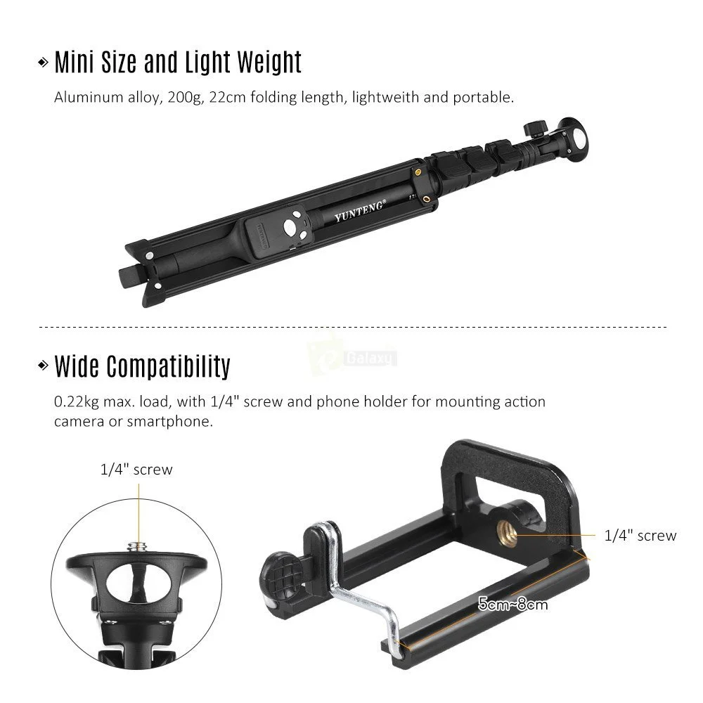 Tripod stand cum Selfie Stick 4 feet with remote Andoer YUNTENG VCT-1388 4 Andoer YUNTENG VCT 1388 dimensions