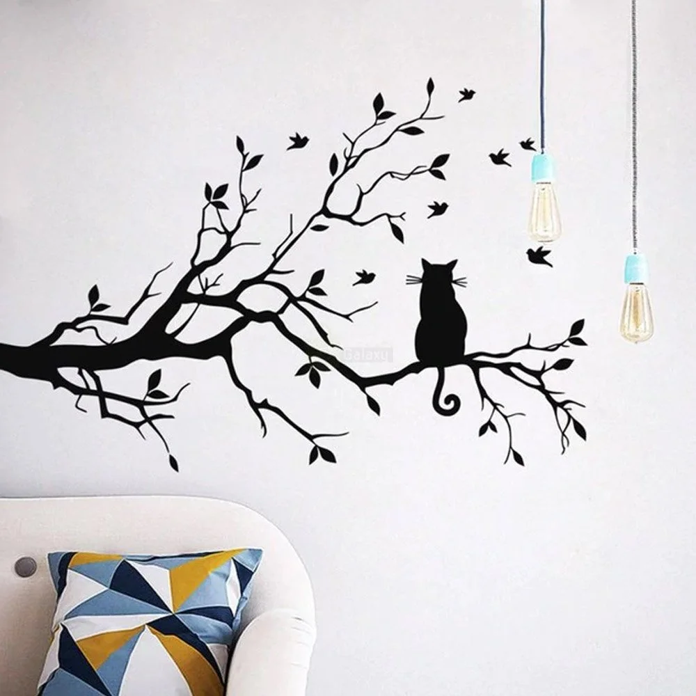 Cat on Long Tree Branch Wall Sticker Cats Art Kids Room Decor 4 Cat on Long Tree Branch Wall Sticker Cats Art Kids Room Decor above sofa