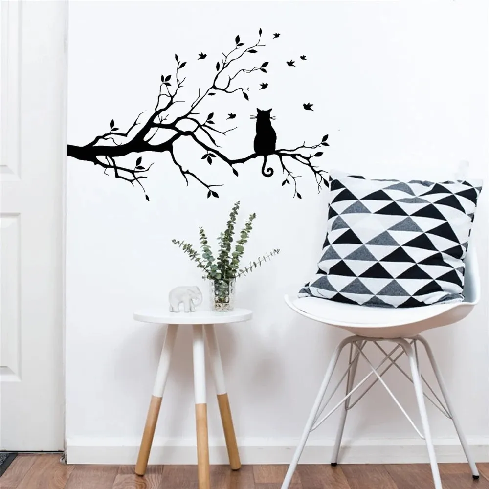 Cat on Long Tree Branch Wall Sticker Cats Art Kids Room Decor 1 cats tree
