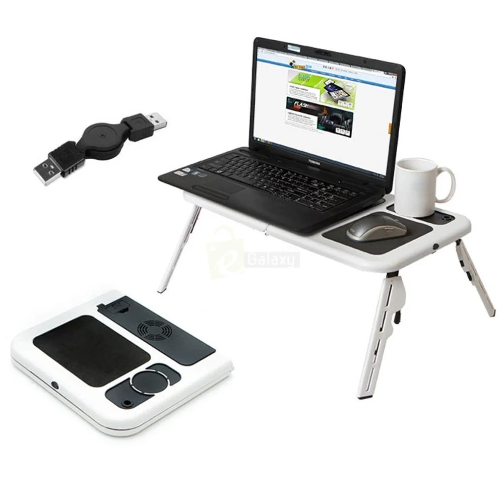 E Table - Foldable & Portable Laptop table with 2 USB Cooling Fans 3 Adjustable Folding laptop table cooling pad