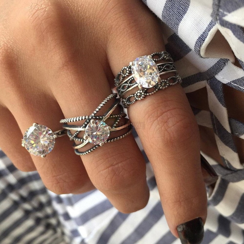 3pcs Silver Rings Set Old Vintage Rings Women Jewelry JW010