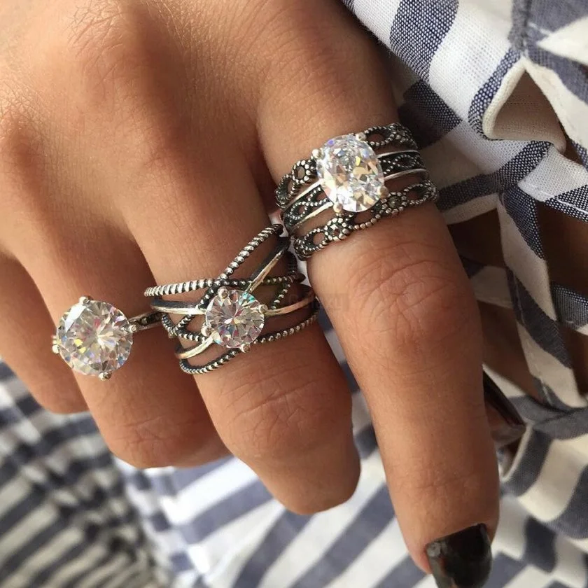 3pcs Silver Rings Set Old Vintage Rings Women Jewelry JW010