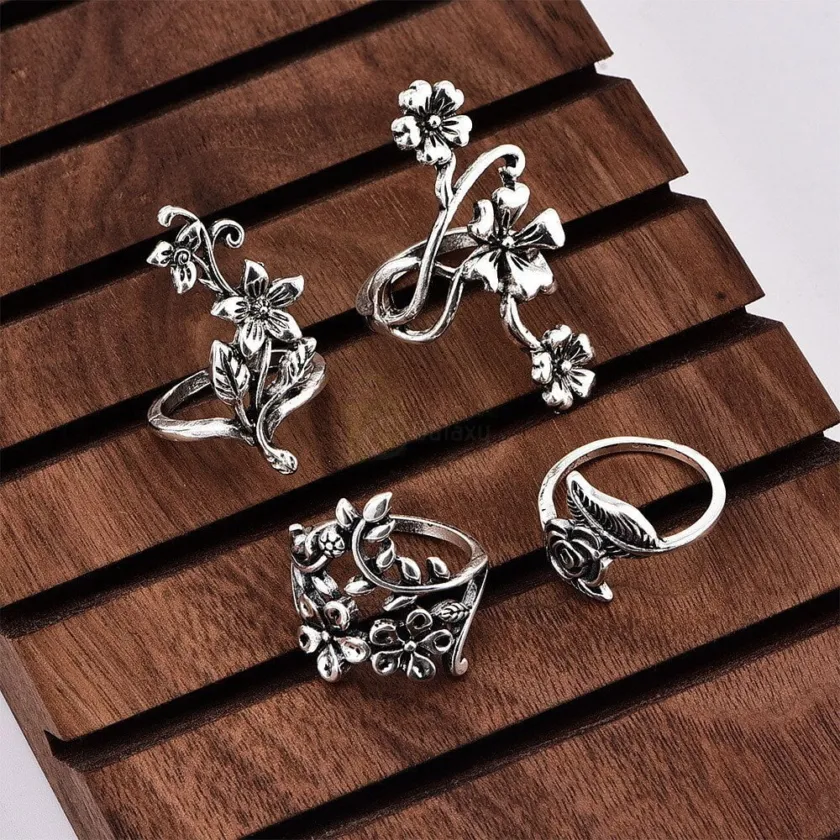 4pcs Set Vintage Rose Flower Rings Antique Women Jewelry JW08 2 4pcs Set Vintage Rose Flower Rings Antique Women Jewelry JW08 2