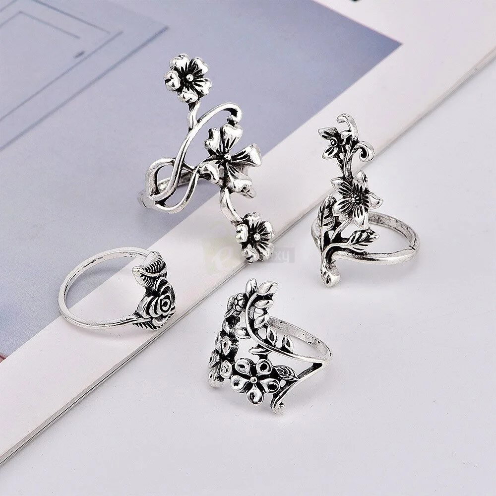 4pcs Set Vintage Rose Flower Rings Antique Women Jewelry JW08 6 4pcs Set Vintage Rose Flower Rings Antique Women Jewelry JW08 4