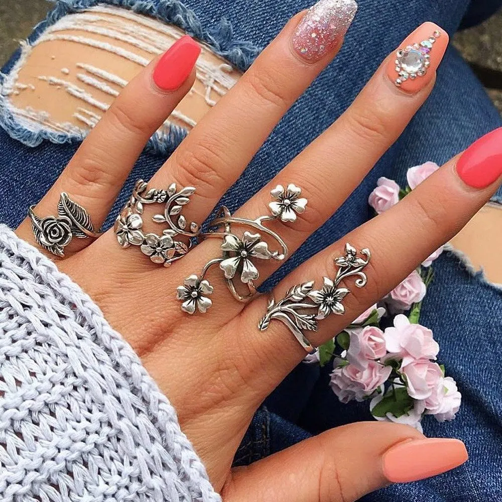 4pcs Set Vintage Rose Flower Rings Antique Women Jewelry JW08 1 4pcs Set Vintage Rose Flower Rings Antique Women Jewelry JW08