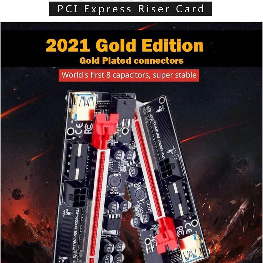 009S Plus PCIE Riser Card 8 Capacitors 6Pin Power Cable 1X to16X Extender for Ethereum Mining 10 009S Plus PCIE Riser Card 8 Capacitors 6Pin Power Cable 1X to16X Extender gold