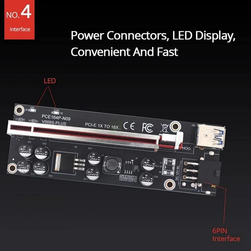 009S Plus PCIE Riser Card 8 Capacitors 6Pin Power Cable 1X to16X Extender no 4 009S Plus PCIE Riser Card 8 Capacitors 6Pin Power Cable 1X to16X Extender no 4