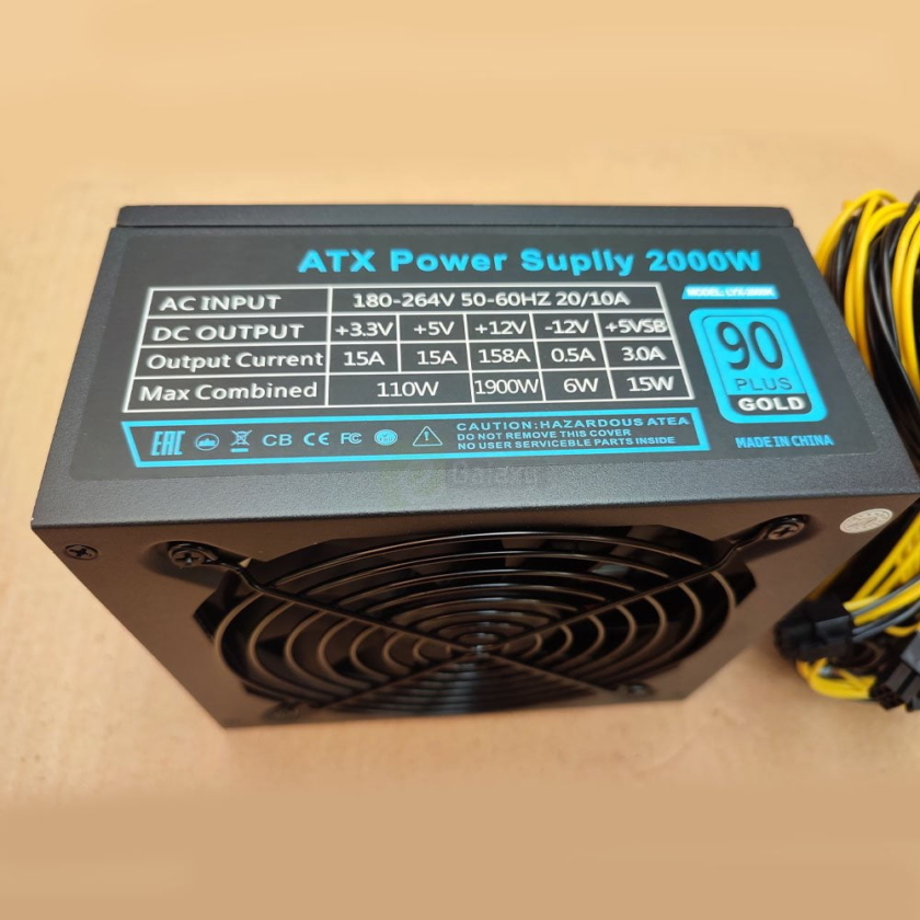 2000 Watt ATX Power Supply for Mining with 16x 8pin Connectors Silent Big Fan 90 Gold