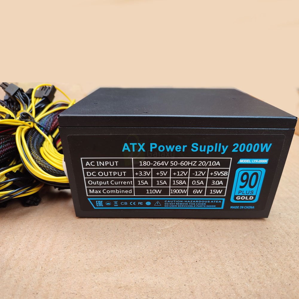 2000 Watt ATX Power Supply for Mining with 16x 8pin Connectors Silent Big Fan 90 Gold featured