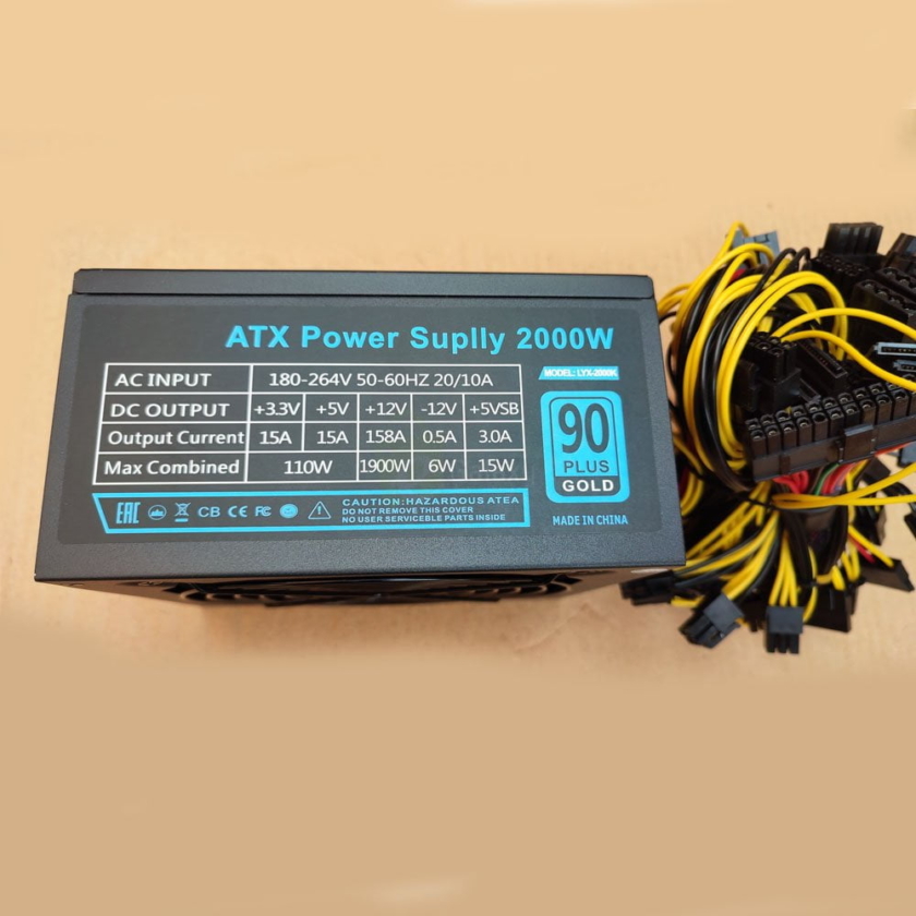 2000 Watt ATX Power Supply for Mining with 16x 8pin Connectors Silent Big Fan 90 Gold main