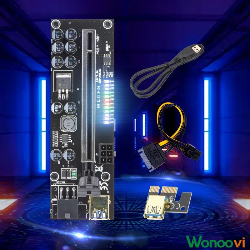 011 Pro PCIE Riser 10 Capacitors 12 LED 6Pin Power Cable 1X to16X Extender 5 011 pro riser lights