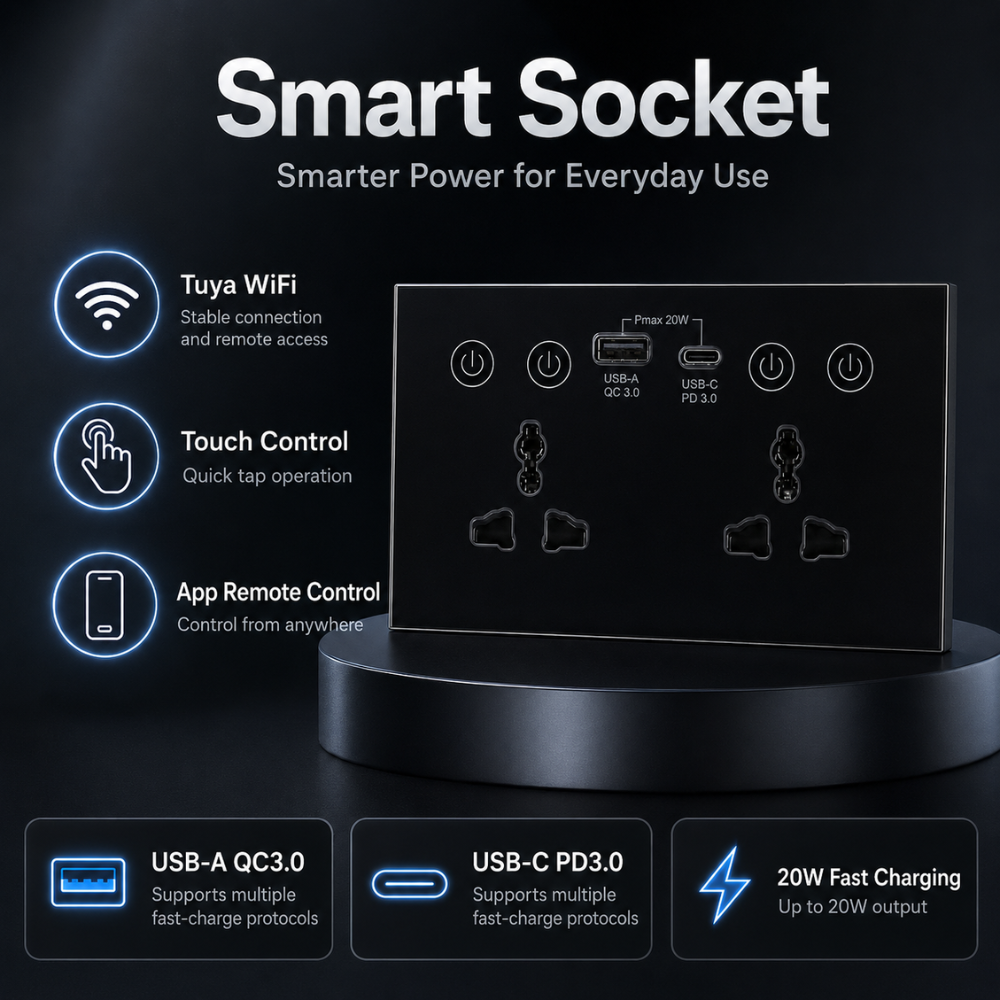 Universal Dual Socket With Type C & USB Smart Wall Outlet Black 9 Universal Dual Socket
