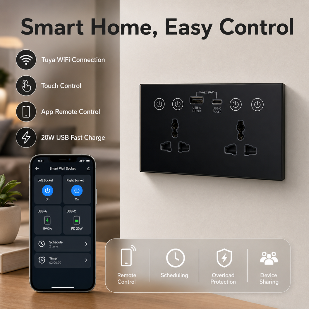 Universal Dual Socket With Type C & USB Smart Wall Outlet Black 8 Universal Dual Socket