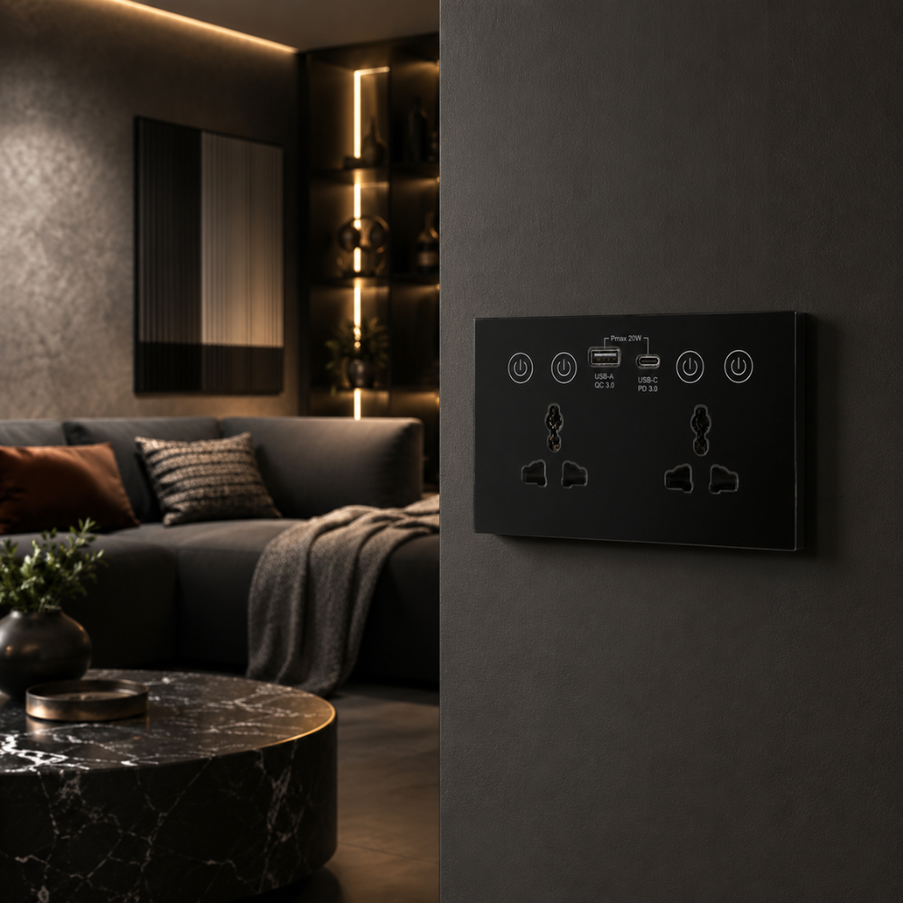 Universal Dual Socket With Type C & USB Smart Wall Outlet Black 7 Universal Dual Socket