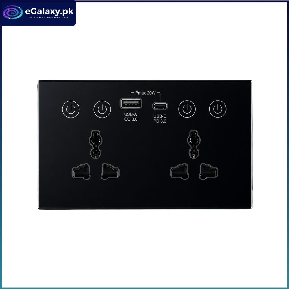 Universal Dual Socket With Type C & USB Smart Wall Outlet Black 1 Universal Dual Socket